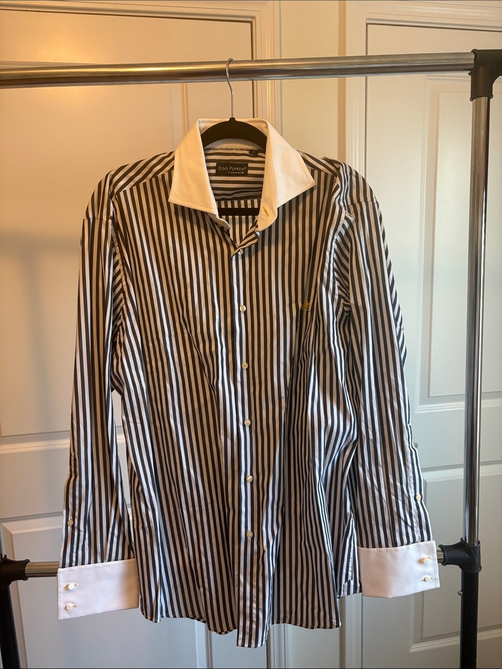 Black & White Striped Dress Shirt with White Contrast Collar